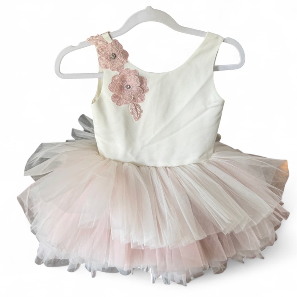 Tulleen Girls 7 Tutu White Pink Dress Floral Appliqué Wedding Ballet Flower Girl